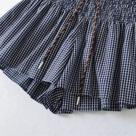 Korean Women's Casual Shorts With Elastic Waist And Drawstring Pleated Plaid A-line Wide-leg Hot Pants For Trendy Girls EHL7