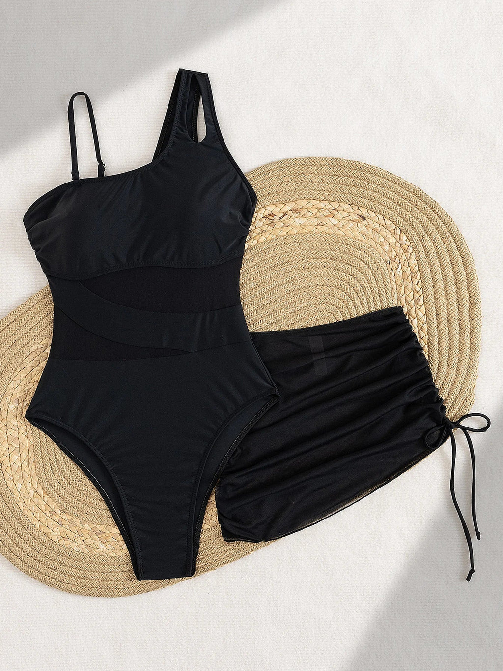 Vintage Black One Piece Swimsuit Skirt Sets Women Sexy One Shoulder Mesh Patchwork Slim Fit Tswimwear 2025 Beach Bathing Suits