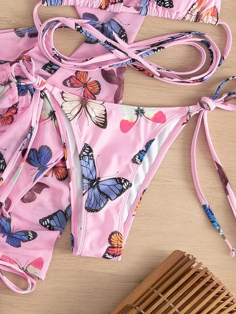 Long Sleeve Printed Halter Bikini Female Swimsuit Women Swimwear Four-pieces Bikini Set with Mesh Skirt Bathing Suit Beach Wear