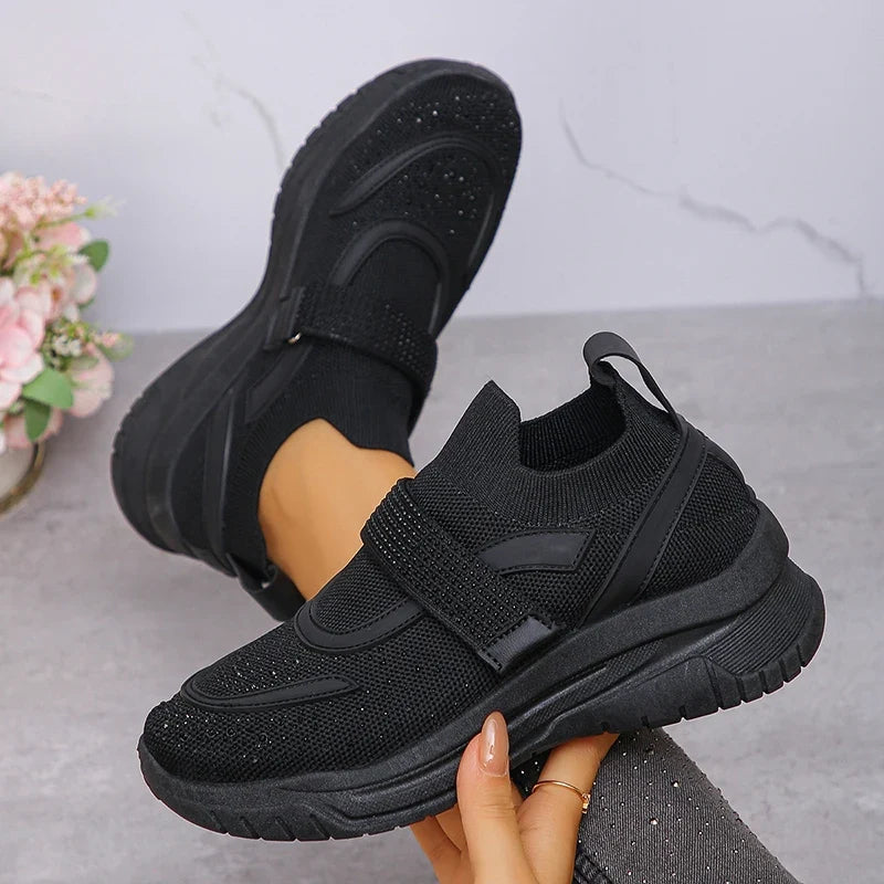 Shiny Crystal White Platform Sneakers Women Comfort Knitted Breathable Walking Shoes Woman Casual Non-Slip Sport Shoes Ladies