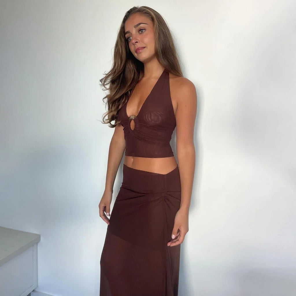 2Pcs Deep V Swimsuit With Long Skirt Women Sexy Swimwear Female Bikini Cut Out Biquini Swim Suit Shiny Button Bodysuit Beachwear