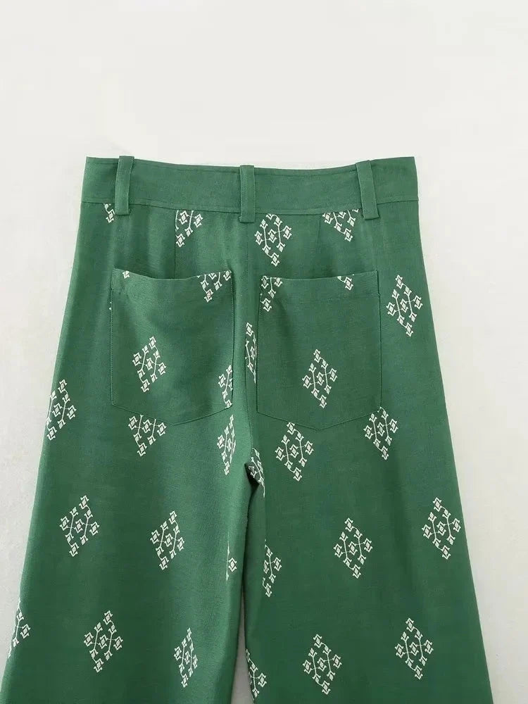 Foridol Geometric Embroidery Wide Leg Spring Summer Women Beige Long Pants Zip Fashion Trousers Pantalones De Mujer Autumn Pants