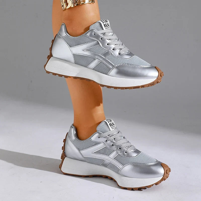 Fashion Thick Sole Silver Sneakers Women 2026 Plus Size 43 Breathable Platform Sport Shoes Woman Anti Slip Lace Up Running Shoes