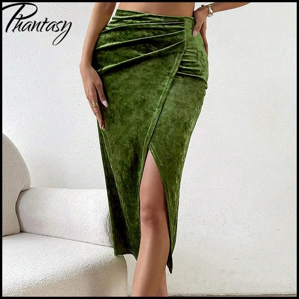 Elegant Split Velvet Skirt Commute Green A-line Mid-Calf Skirt for Lady Women's Autumn Winter Outfit Night Out Streetwear