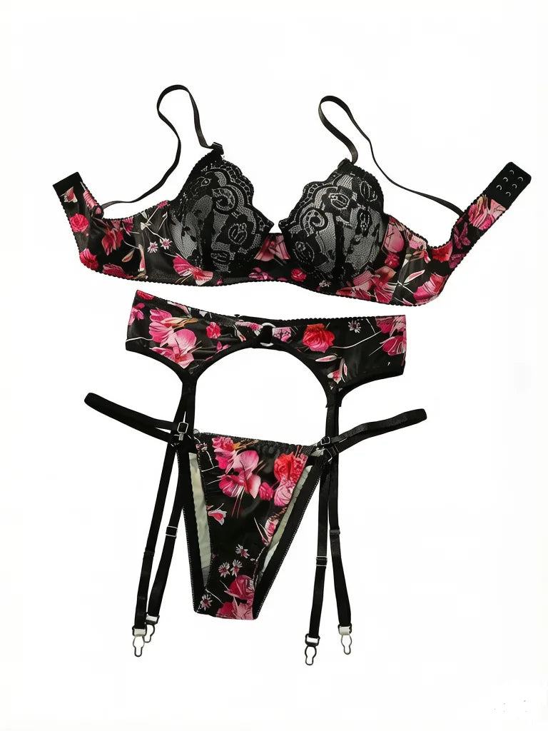 3 pieces of ultra-thin lace sexy lingerie paired with printed bikini with adjustable shoulder straps for a fun outfit A3100