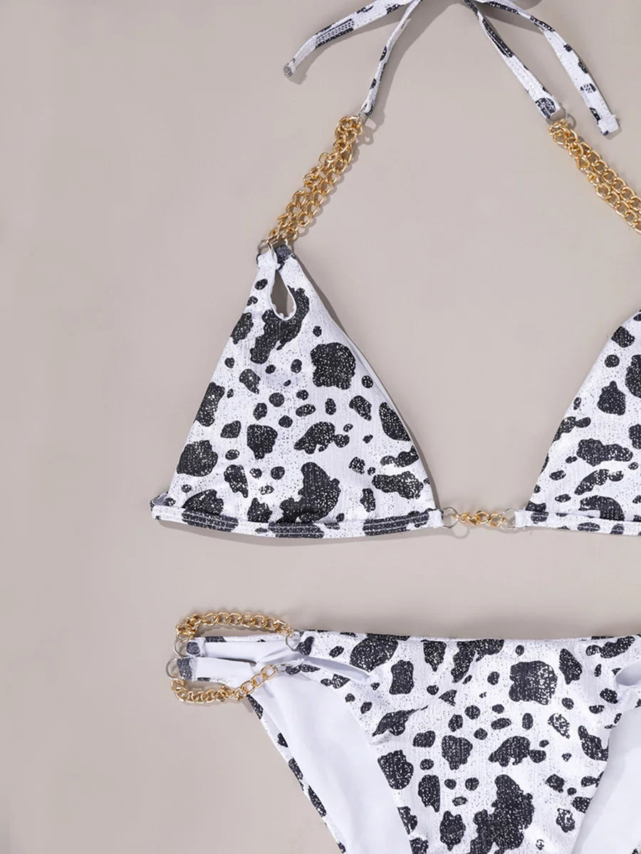 Sexy Cow Print Halter Metal Chains Brazilian Bikini Women Swimsuit Female Swimwear Two Pieces Bikini Set Bathing Suit Swim Lady