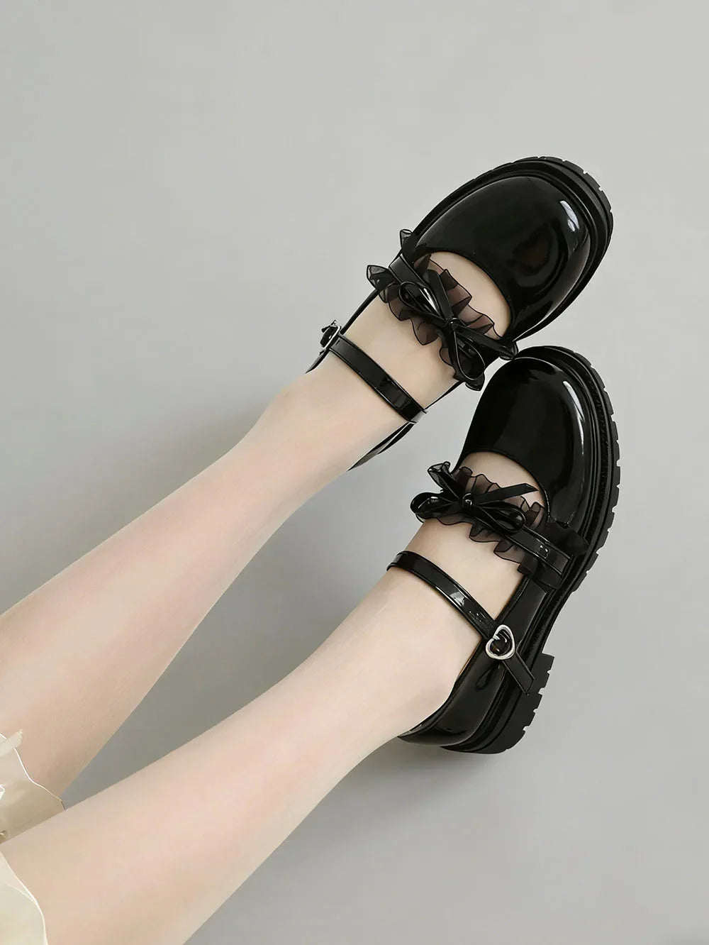 2026 Plus size 47 Sweet Blue Lace Ruffles Mary Janes Shoes Women Gothic Black Bow Knot Cute Lolita Cosplay Flats Casual Shoes