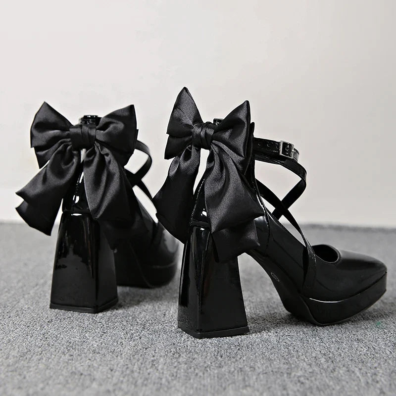 Punk Pointed Toe Thick Heels Mary Jane Shoes Women Bowknot Decor Cross Strap Platform Pumps Woman Patent Leather Party Shoes