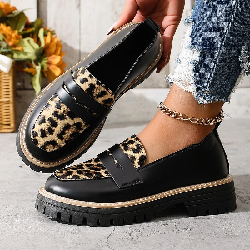 Fashion Leopard Print Platform Loafers Women Plus Size 43 Slip On Pu Leather Shoes Woman Comfort Thick Bottom Office Work Shoes