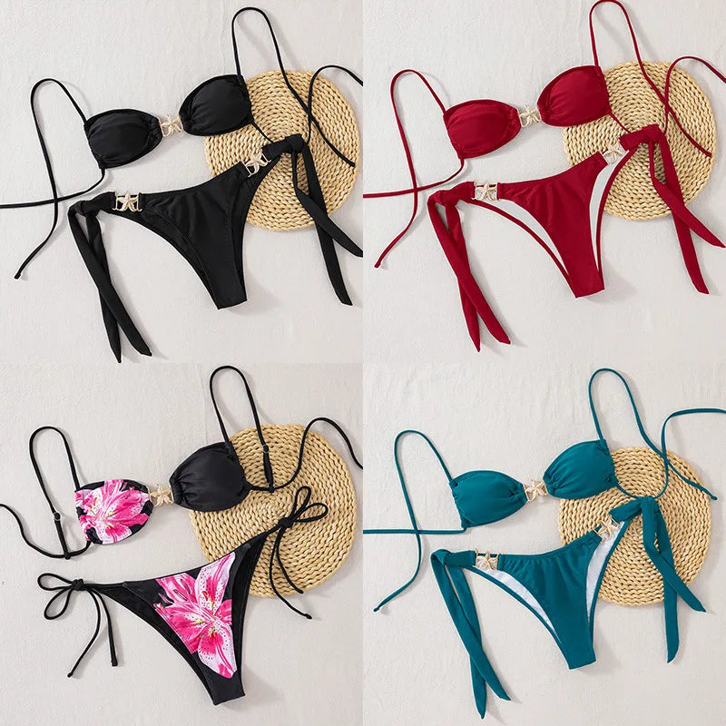 New Sexy Women's Bikini Set - Adjustable Tie Side Bandage Triangle Top & Low Rise Bottom with Starfish Metal Drawstring Summer