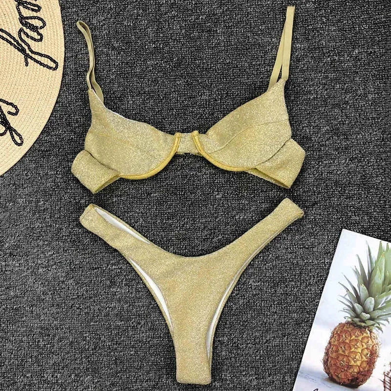 Glitter Sparkling Underwired V-Bar Bikini Women Swimsuit Female Swimwear Two-pieces Bikini Set Micro Thong Bathing Suit Swim