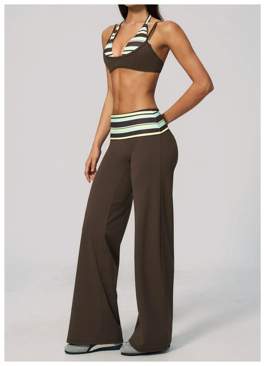 Fake Two-piece Sports Bra Yoga Sets Women Coffee Striped Patchwork Folding High Waist Wide Leg Pants Gym Running Fitness Suits