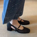 French Single Shoes Women Spring Summer Cutout Woven Square Toe Kitten Heel Block Heel Off-White Sandals