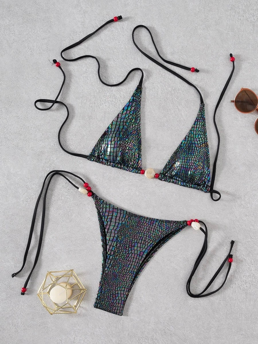 DEKA Beaded Snake Skin Bikini Set Halter Strappy Female Swimsuit Women Swimwear Bikini Bather Bathing Suit Swim