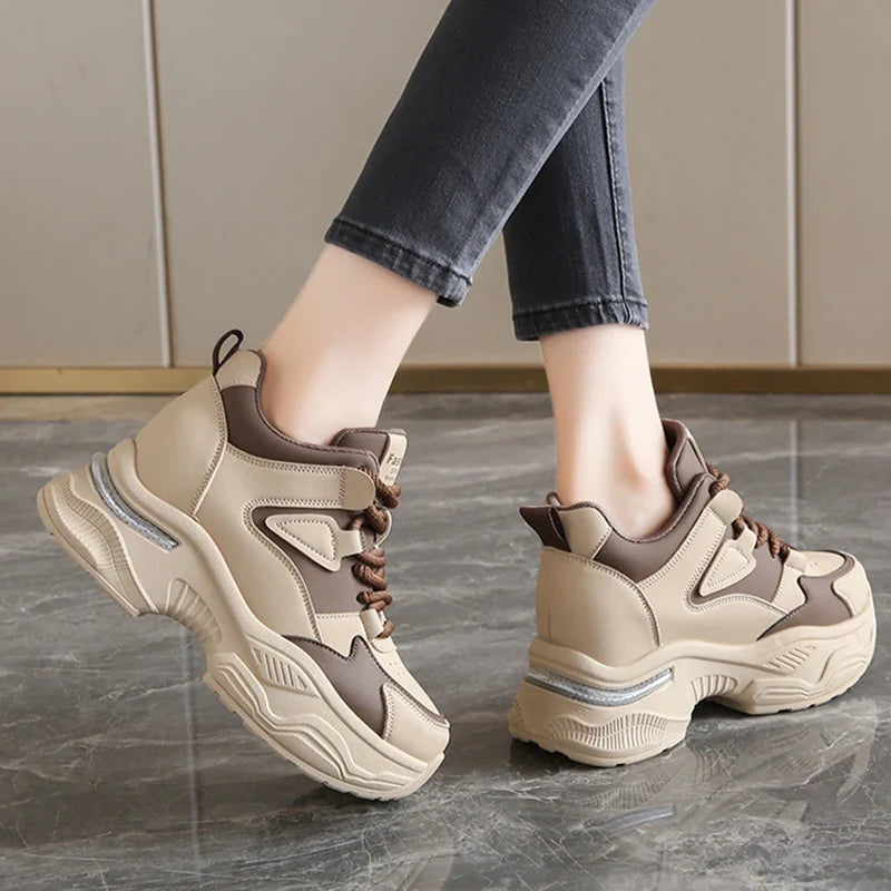 Chunky Platform Women Sport Sneaker Lace-Up Thick Bottom Vulcanize Shoes Woman Spring Autumn Pu Leather Breathable Running Shoes