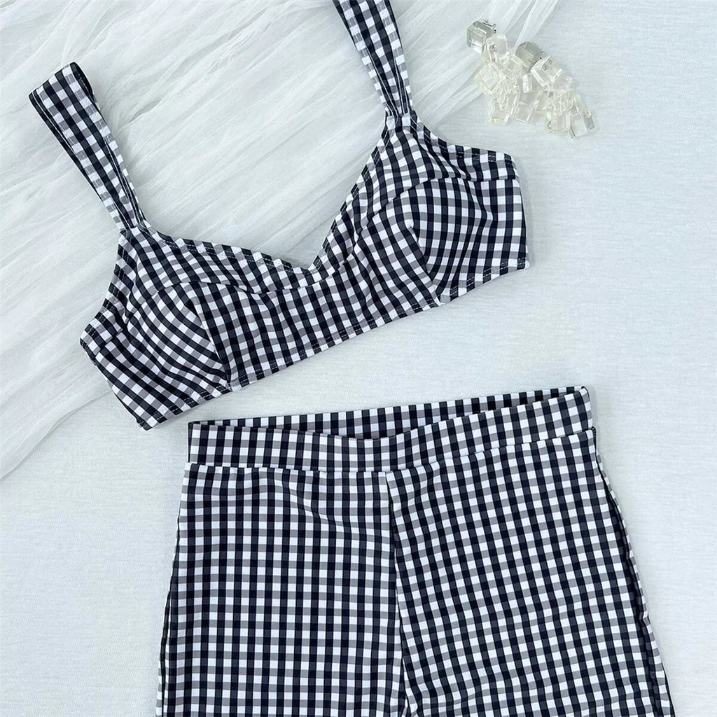 Plaid V Neck Shorts Female Swimsuit High Waist Bikini Women Swimwear Two-Pieces Bikini Set Padded Bather Bathing Suit Swim V8272