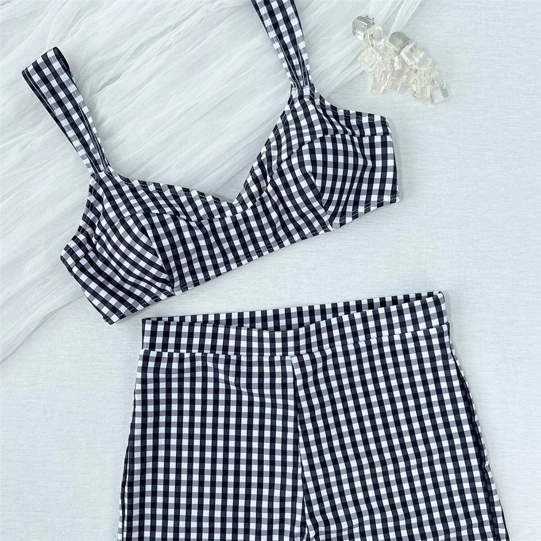 Plaid V Neck Shorts Female Swimsuit High Waist Bikini Women Swimwear Two-Pieces Bikini Set Padded Bather Bathing Suit Swim V8272