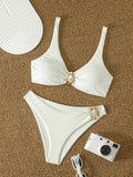 Sexy White Bikini Set 2026 Women Metal Buckle Pleate Push Up Bra Thong Swimwear Summer Bathing Suit Holiday Swimsuit Biquini