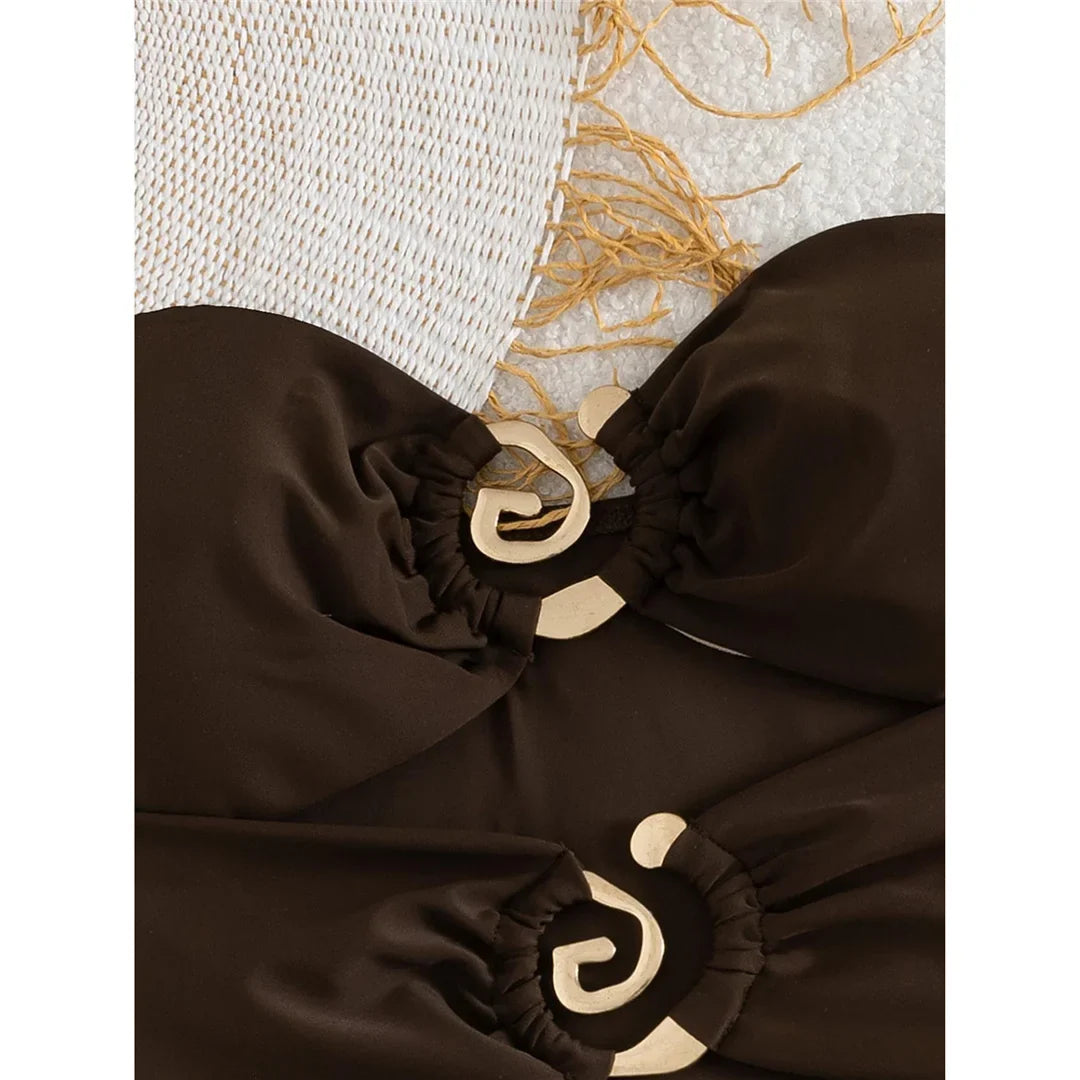 XS - L 6 Colors One Piece Swimsuit Female With Skirt Cut Out Women Swimwear Bandeau Metal Ring Bather Bathing Suit Swim V8108