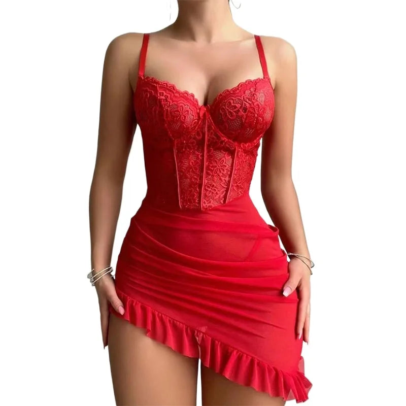 Women's Lace Sexy Lingerie Summer Transparent Dress Underwear Nightdress Delicate Nightgown with Panties Babydolls