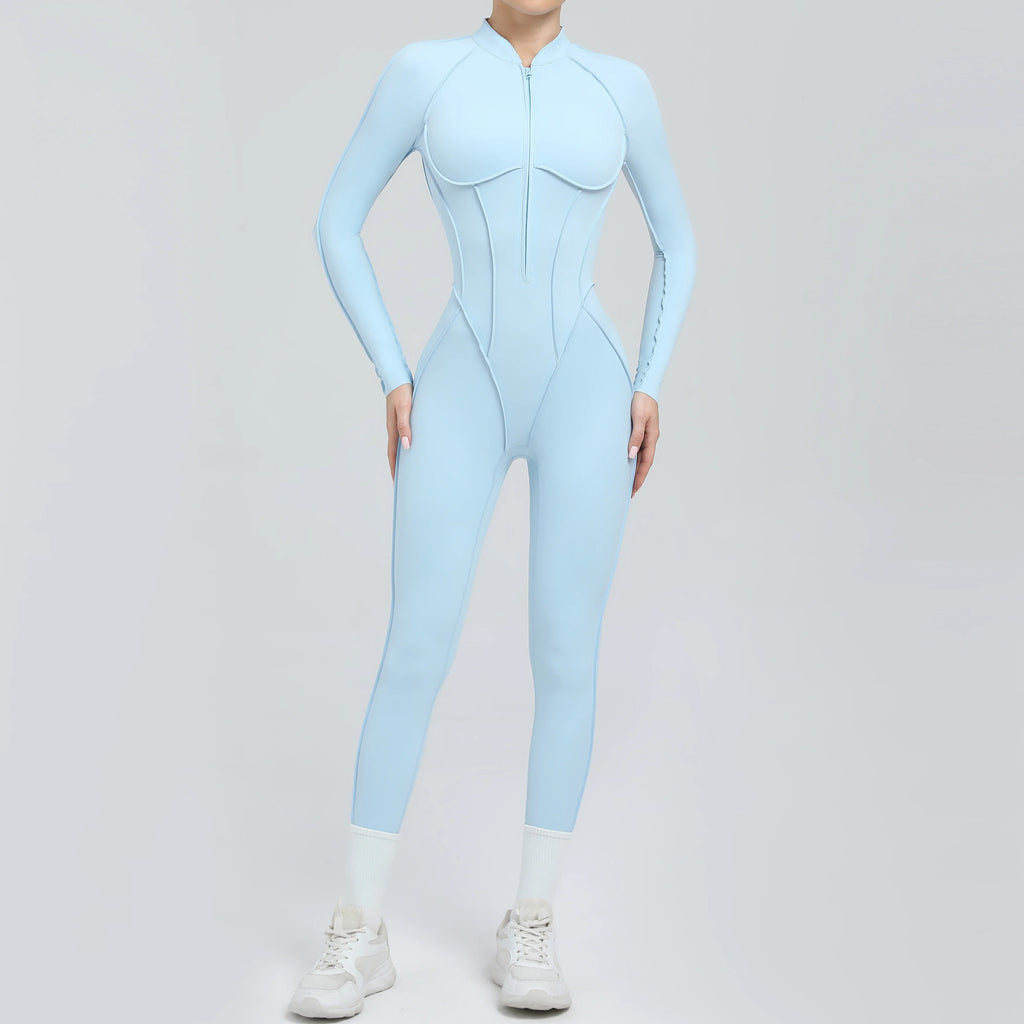 Padded Women Long Sleeve Sport Yoga Jumpsuit Workout Clothes for Women Sportwear Backless Zipper Fitness Gym Outfit