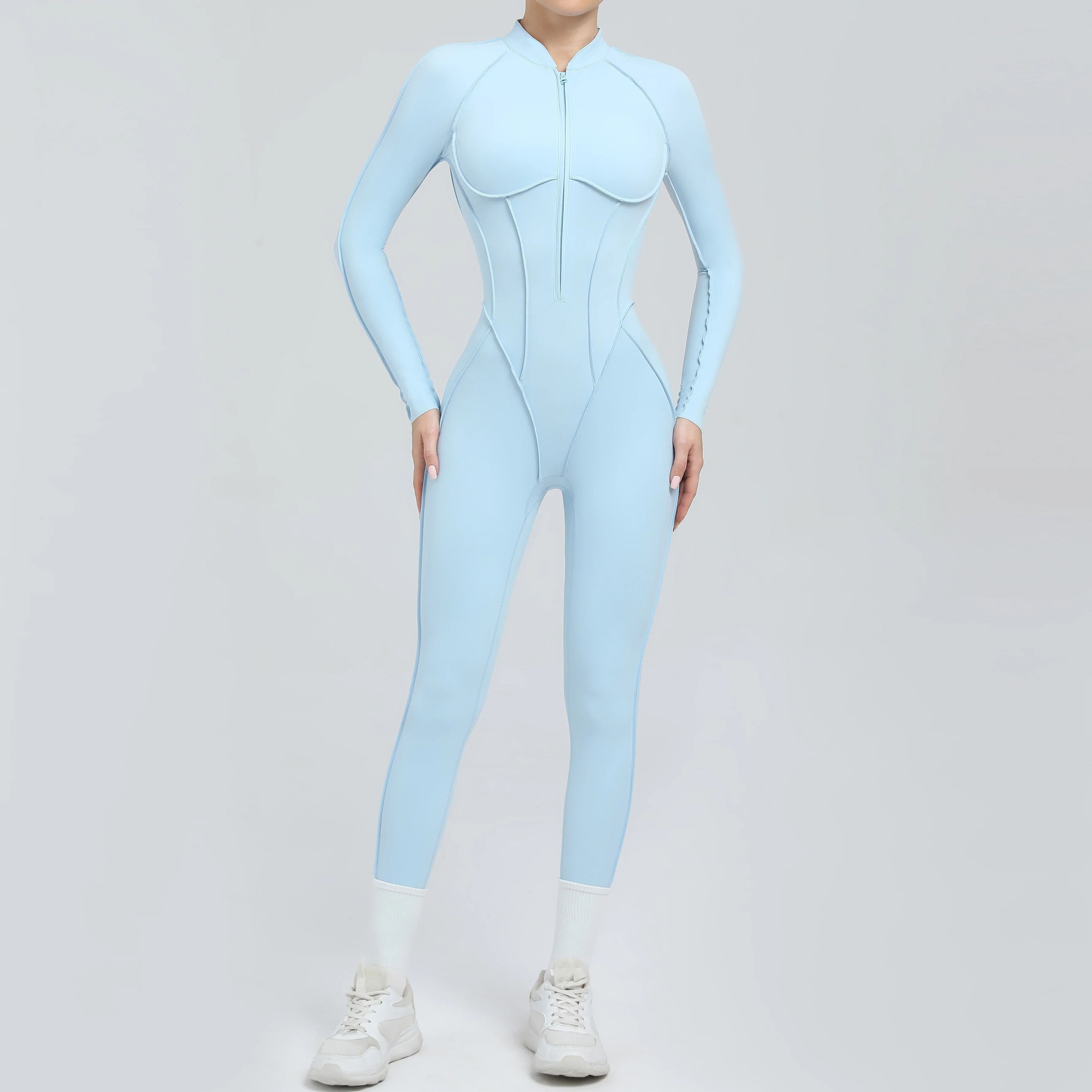 Padded Women Long Sleeve Sport Yoga Jumpsuit Workout Clothes for Women Sportwear Backless Zipper Fitness Gym Outfit