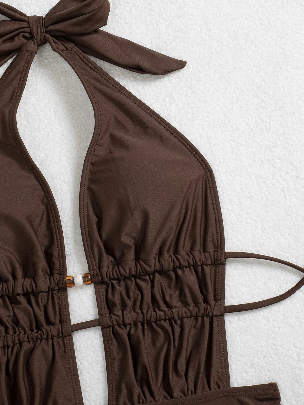 Sexy Brown Hollow Out Backless Swimwear Women 2026 Pearls Pleate Bandage One Piece Swimsuit Beach Bathing Suit Holiday Bikini