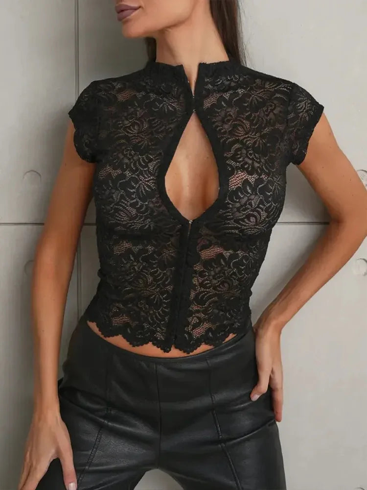 Ahagaga Summer Chic Lace Patchwork Tops Tees Sexy Sleeveless High Neck Hollow Out Slim Regular Elegant Club T-Shirt for Ladies