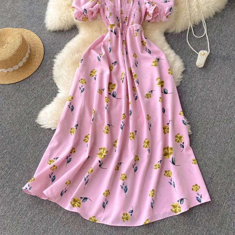 2025 Summer French Vintage Floral Dress Fashion Elegant High-Waisted Drawstring Vestidos Printed Fresh And Sweet Long Dresses