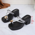Metal Decor Clip Toe High Heeled Sandals Women Summer Slip On Thick Heel Sandles Woman Plus Size 42 Chunky Platform Slippers