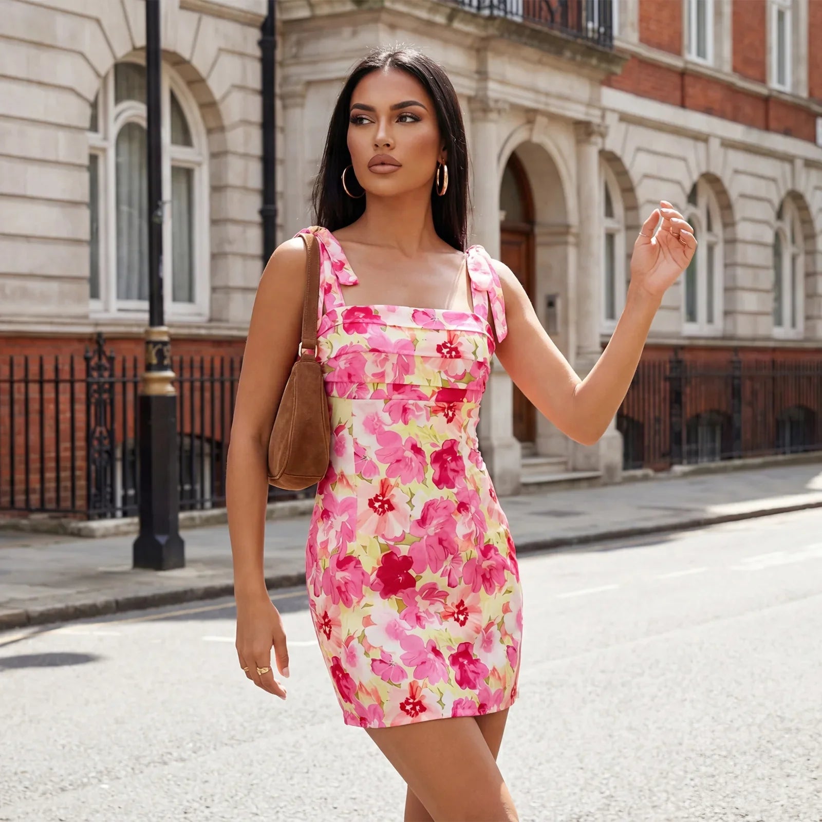 Women Casual Stylish Sleeveless Tie Shoulder A Line Dresses Summer Floral Print/Solid Color Satin Mini Dress