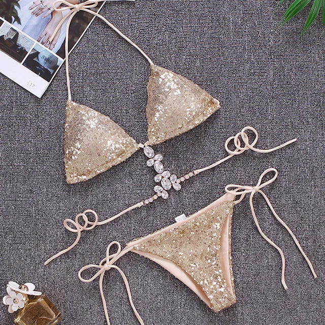 Shiny Sequins Jewelled Diamond Bikini Women Micro Bikini Swimwear Female Swimsuit Two Pieces Bikini Set Halter Bathing Suit Swim