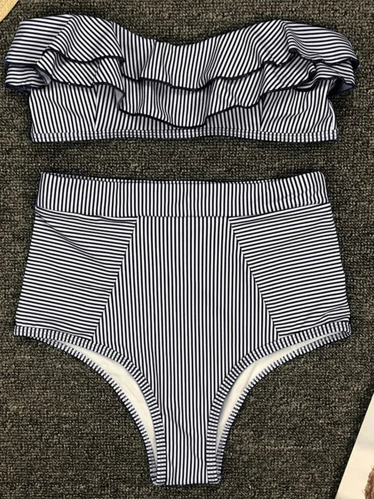 2025 Striped Top Ruffle High Waist Bikini Women Swimwear Female Swimsuit Two-pieces Bikini set Bandeau Bikinis Bathing Suit Swim