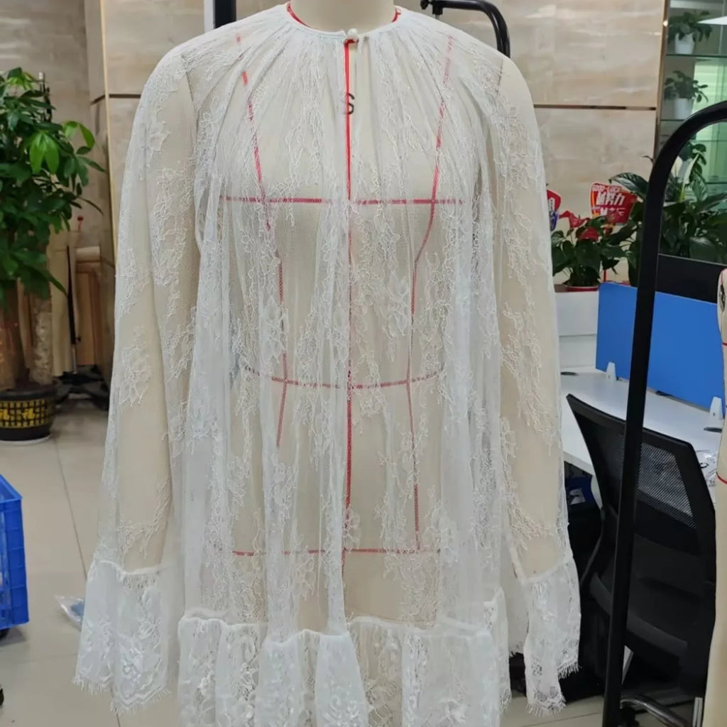Women Solid Color Lace Cape Dresses Loose See Through Crew Neck Mini Ruffled Dress for Party Club