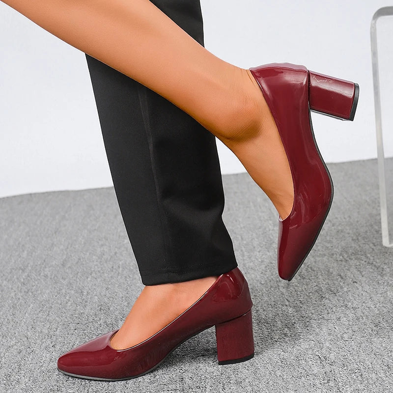 Plus Size 42 Pointed Toe Thick Heels Pumps Women Slip On Pu Leather High Heels Shoes Woman High Heeled Office Party Shoes Ladies