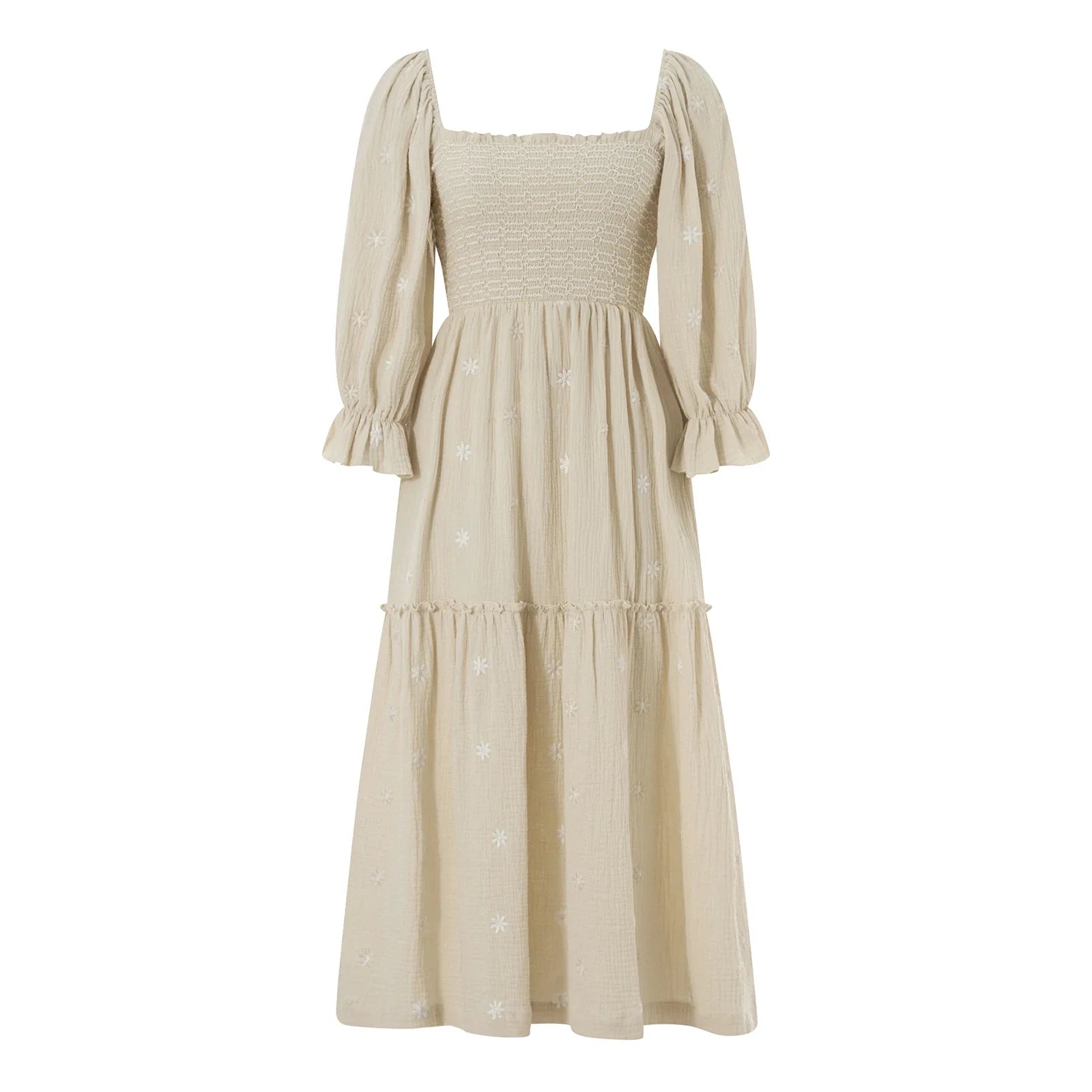 Women Spring Fall Long Dress Long Sleeve Dress Square Neck Embroidery Flower Loose Swing Dress Wit Pocket