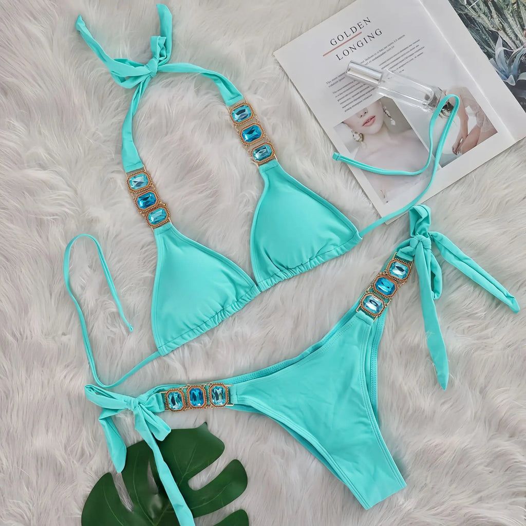DEKA Sexy Crystal Diamond Swimwear Rhinestone Bikini Set Women Luxury Black Push Up Bandage Thong Swimsuit Beach Bathing Suit