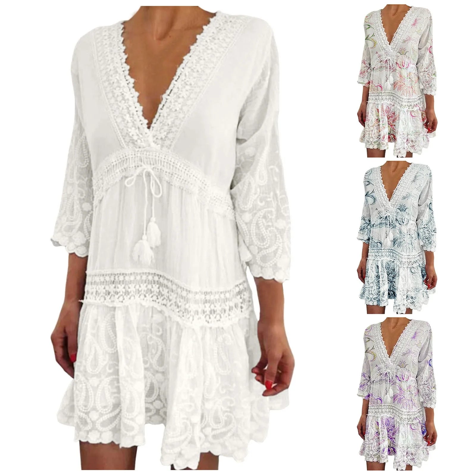 Dresses For Formal Occasions Womens Fashion V Neck Lace Jacquard Seven Quarter Sleeve Bohemian Floral Dress Sexy Beach Sundress