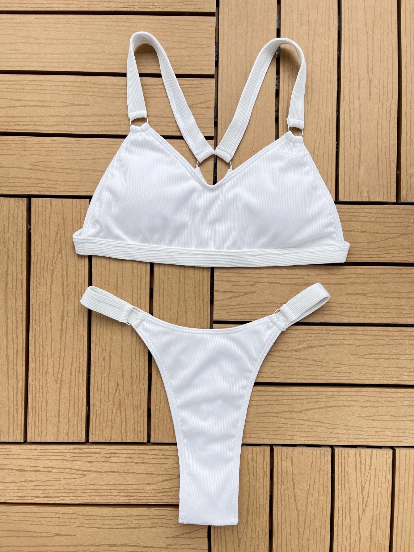 Sexy Ring Linked Backless Bikini Set Women Solid Black White Hollow Out Push Up Micro Swimsuit 2024 Bathing Suit Thong Swimwear