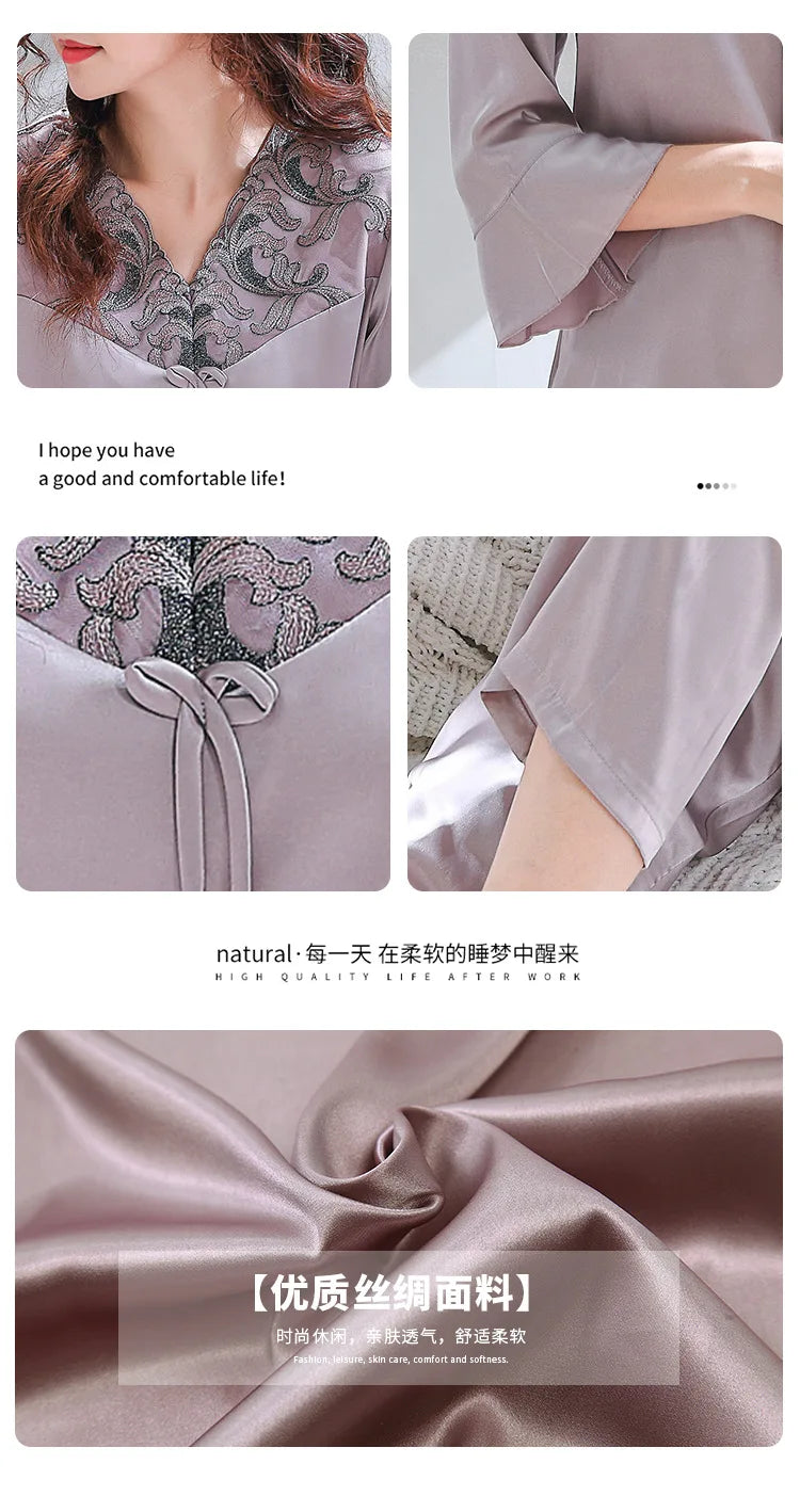 Spring and summer silk women's pajamas long-sleeved autumn and winter new imitation silk women's home clothes