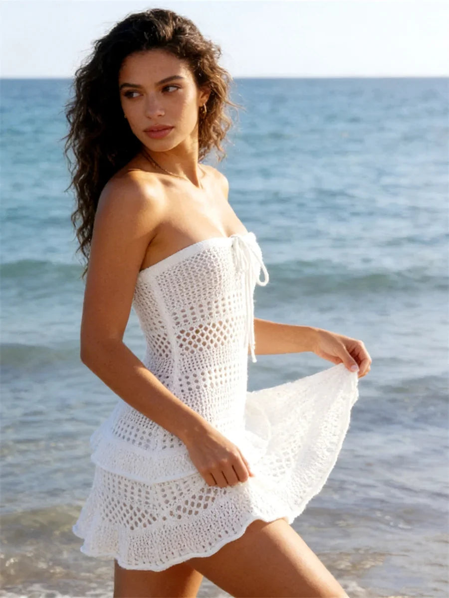 Women’s Knitted Mini Dress Sleeveless Strapless Hollow Out Dress Summer Bikini Cover Ups