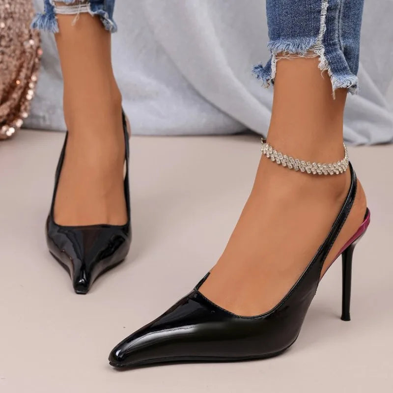 2026 Women's Shoes High Heel Fashion Non-Slip Wear-Resistant High Heels Women's Pointed Toe Patent Leather Slip-On Sandals