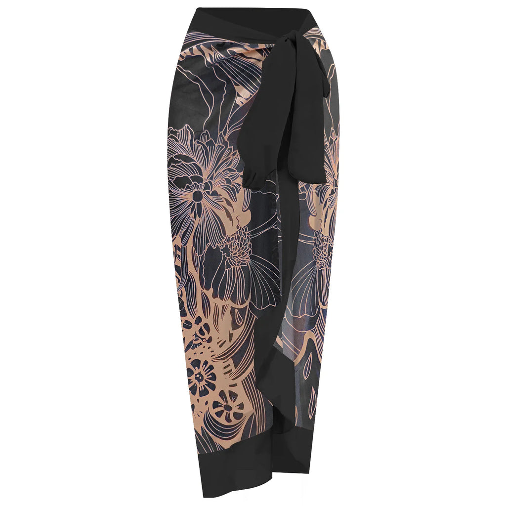 Vintage Black Floral Print One Piece Swimsuit Women Summer Long Sleeve Slim Fit Swimwear Skirt Set 2025 Holiday Bathing Suits