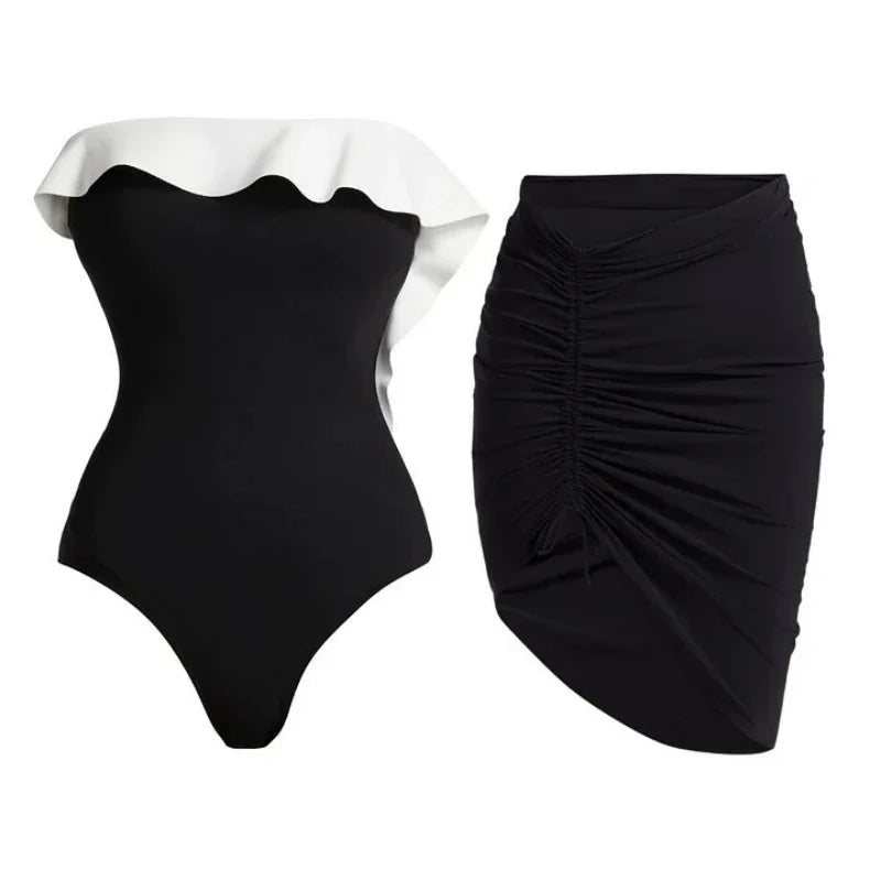 Women's Sexy One Piece Swimsuit Set with Cover up Push-Up Strapless Print Bathing Suit Summer Beachwear Beach Swimwear