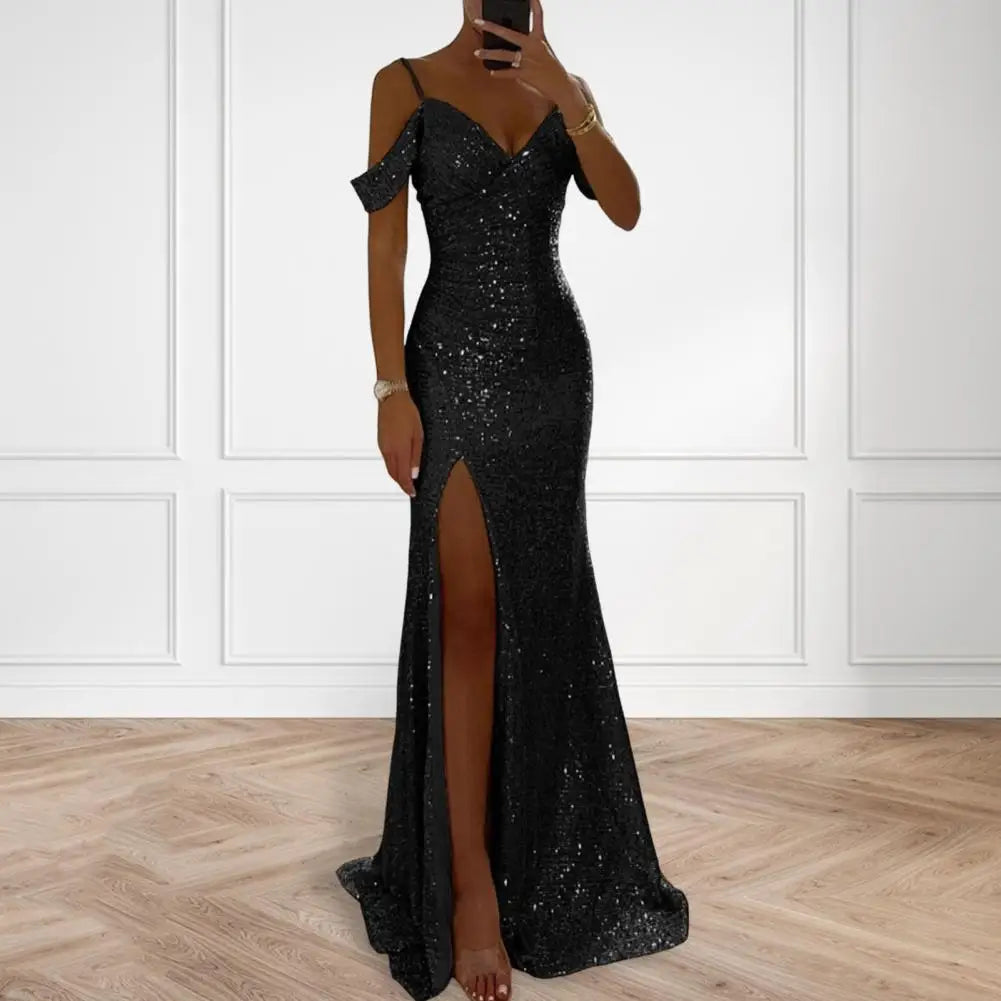 Women Evening Dress Off Shoulder V Neck Side Slit Floor Length Sequin Ball Gown Sleeveless Prom Wedding Party Banquet Maxi Dress