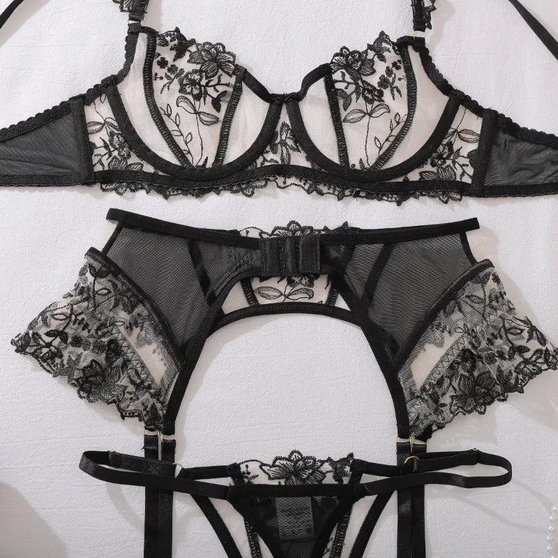 Toucheart Erotic Lingerie Fashion New Floral Embroidered See-through Mesh Body-shaping Women Sexy Underwear Three-piece Hot Set
