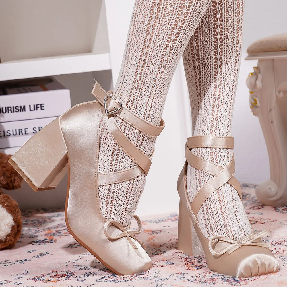 2025 Summer Cute Satin Pink Lolita Block Heels Mary Janes Shoes Women Sweet Buckle Cross-Strap Ballet Pumps Wedding High Heeled