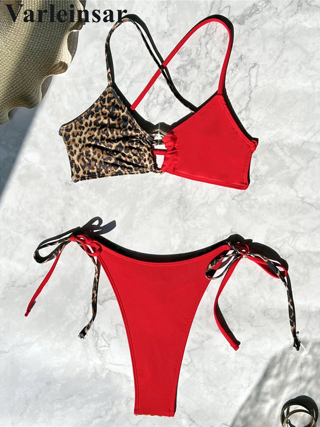 S - XL Leopard Splicing Bikini Female Swimsuit Women Swimwear Two-Pieces Bikini Set Cross Back Bather Bathing Suit Swim V7994