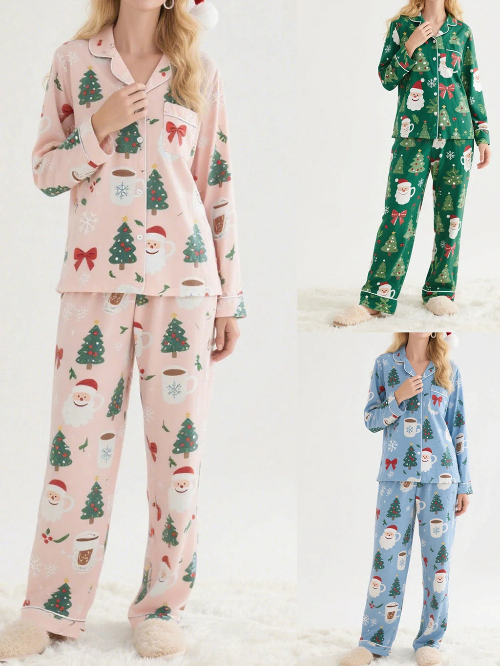 Women's 2025 Christmas Pajama Set Long Sleeve Lapel Santa Claus Christmas Tree Print Shirt Pants Two Pieces Sleepwear