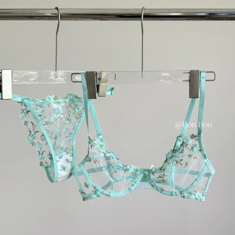 Everyday French Lace Bra Set Sheer Mesh Underwire Large Bust Support Floral Embroidery Comfort Wear Sexy MOYISU Panty Tushy Set